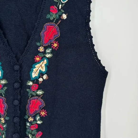90s Vintage Sweater Vest Womens XL Navy Blue Floral Cottage Cabin Embroidered - Picture 4 of 7